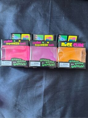New Set of 3 Cube Squeeze Ball Trio - Pink, Purple, Orange Squishy Not Needoh